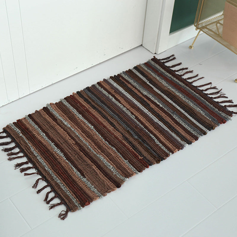 Ethnic Carpet Stripe Pattern Living Room Indoor Rug Cotton Blend Fringe Washable Indoor Rug