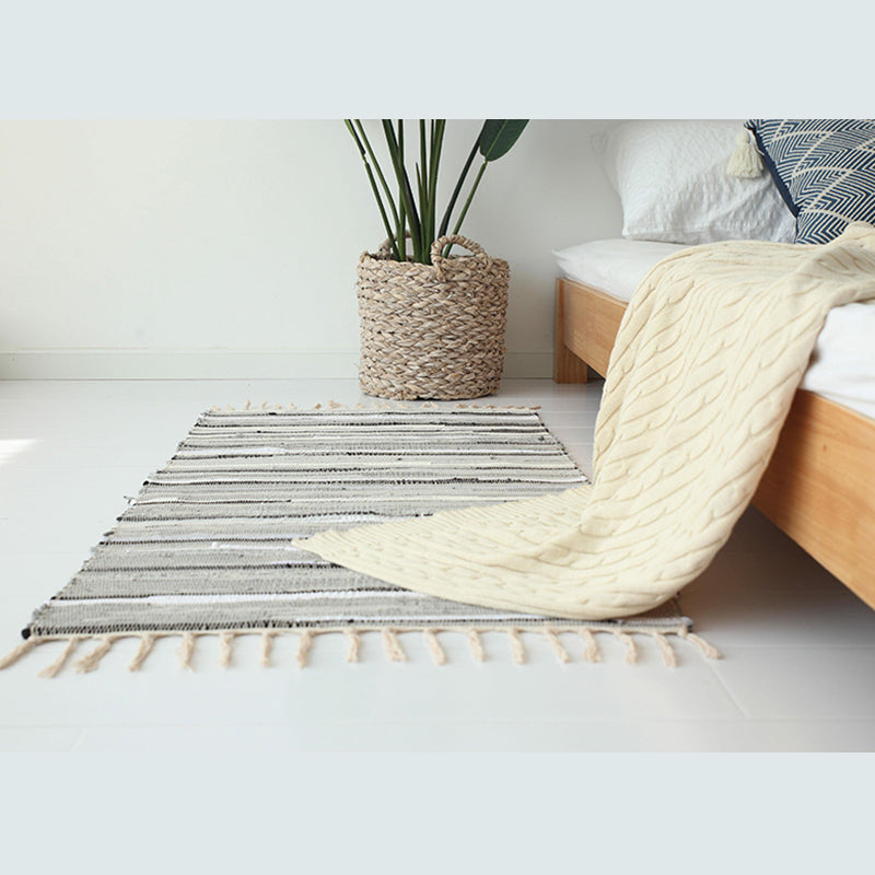 Ethnic Carpet Stripe Pattern Living Room Indoor Rug Cotton Blend Fringe Washable Indoor Rug