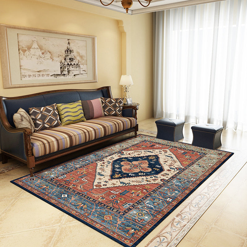 Red Bohemian Area Carpet Polyester Tribal Pattern Area Rug Stain Resistant Rug for Home Decor