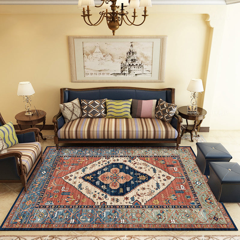 Red Bohemian Area Carpet Polyester Tribal Pattern Area Rug Stain Resistant Rug for Home Decor