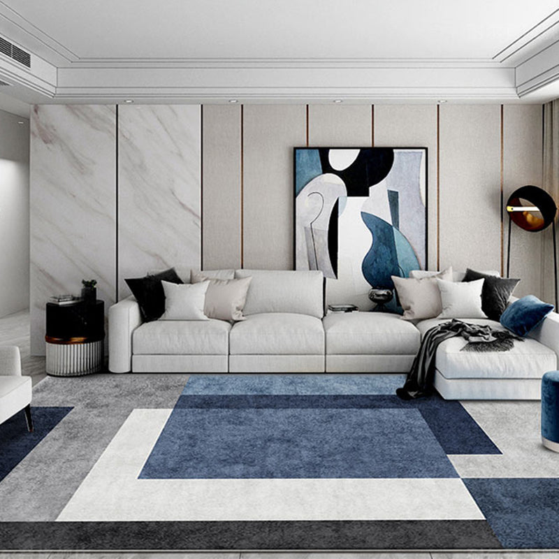 Blue Modern Carpet Polyester Geometric Print Area Rug Anti-Slip Washable Rug for Living Room