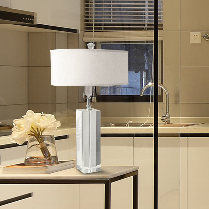 White Rectangle Table Light Rural Crystal 1 Light Bedroom Night Lamp with Round Fabric Shade
