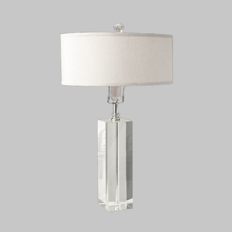 White Rectangle Table Light Rural Crystal 1 Light Bedroom Night Lamp with Round Fabric Shade