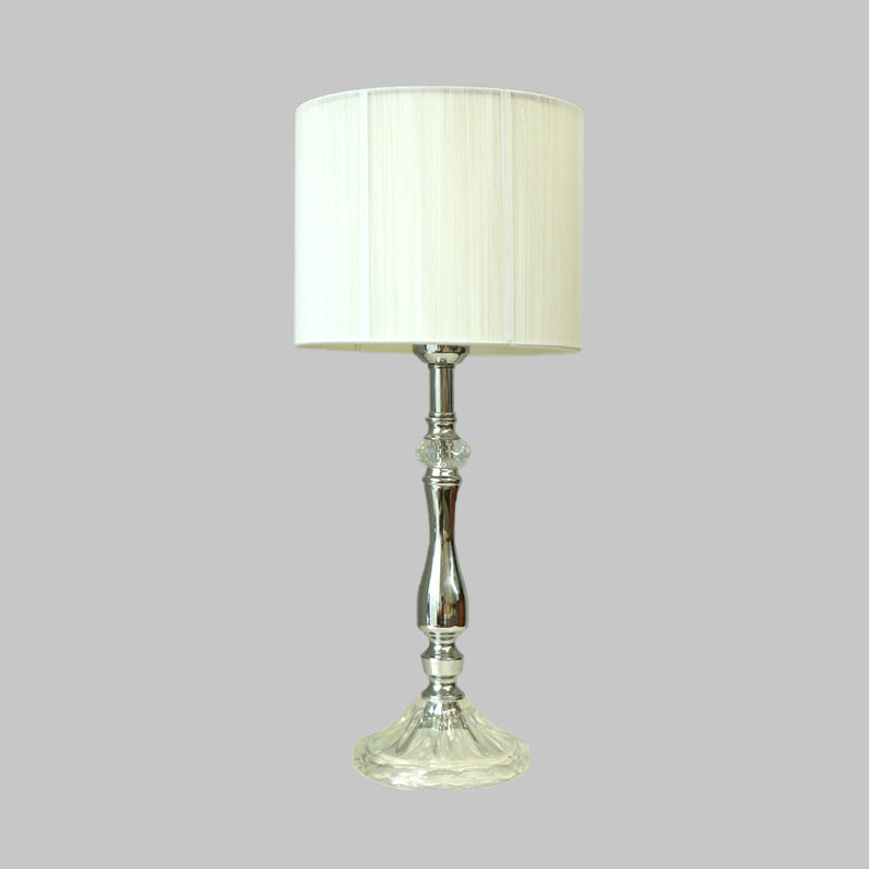 Lampada da Tavolo in Tessuto Bianco Cilindro 1 Luce Luce Notturna Semplice per Soggiorno con Base in Cristallo