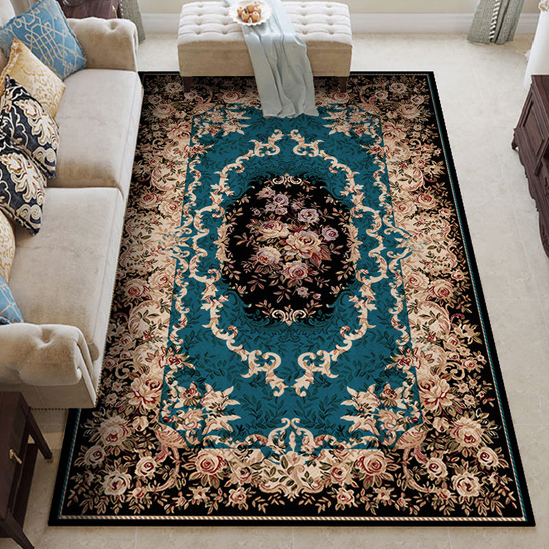 Dark Blue Modern Rug Polyester Flowers Indoor Rug Non-Slip Backing Rug for Living Room