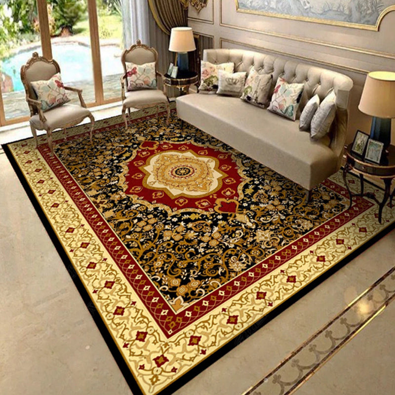 Dark Blue Modern Rug Polyester Flowers Indoor Rug Non-Slip Backing Rug for Living Room