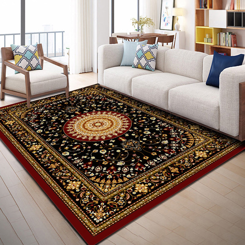 Dark Blue Modern Rug Polyester Flowers Indoor Rug Non-Slip Backing Rug for Living Room