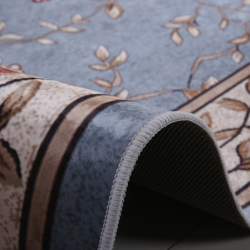 Dark Blue Modern Rug Polyester Flowers Indoor Rug Non-Slip Backing Rug for Living Room