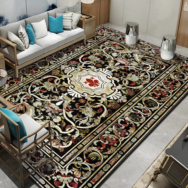 Dark Blue Modern Rug Polyester Flowers Indoor Rug Non-Slip Backing Rug for Living Room