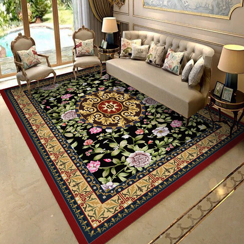 Dark Blue Modern Rug Polyester Flowers Indoor Rug Non-Slip Backing Rug for Living Room