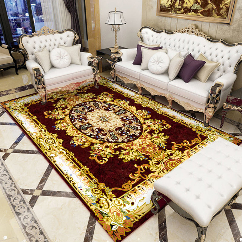 Red Modern Indoor Rug Polyester Flower Carpet Non-Slip Backing Area Rug for Living Room
