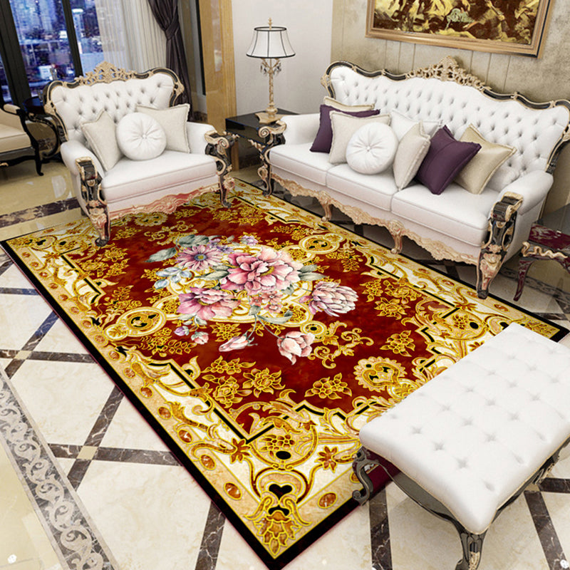 Red Modern Indoor Rug Polyester Flower Carpet Non-Slip Backing Area Rug for Living Room