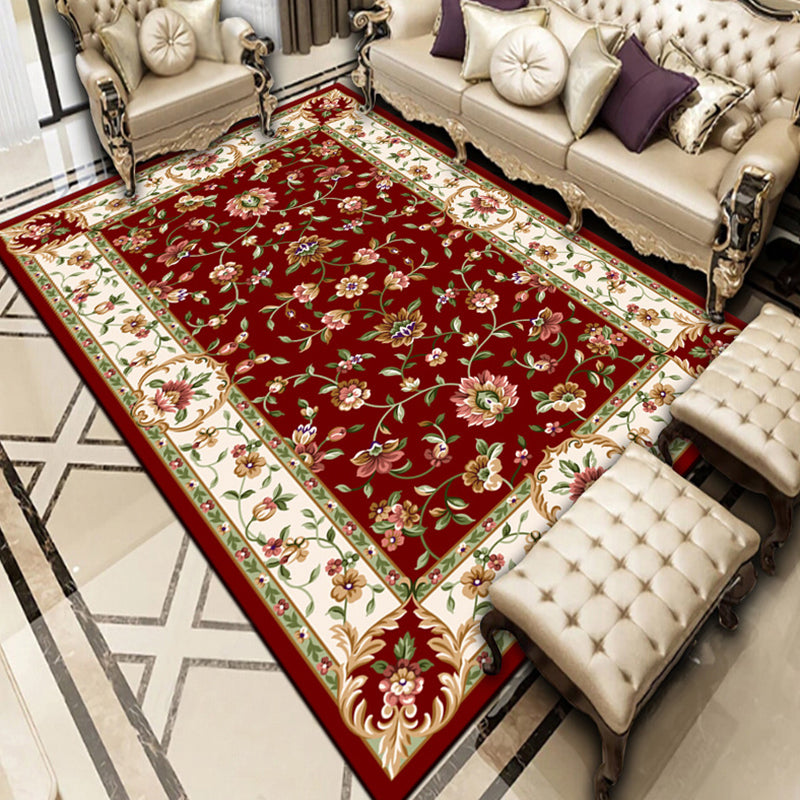Red Modern Indoor Rug Polyester Flower Carpet Non-Slip Backing Area Rug for Living Room