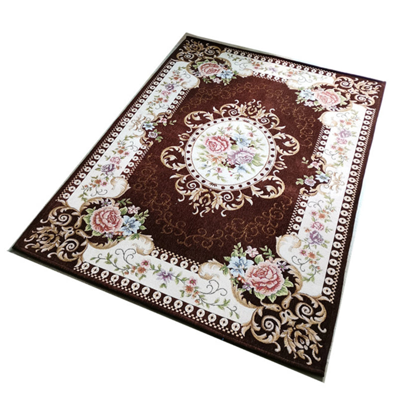Brown Vintage Rug Polyester Flowers Area Rug Non-Slip Backing Indoor Rug for Living Room