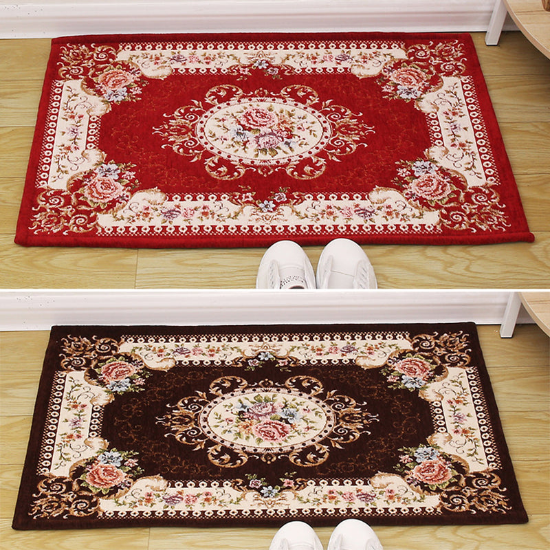 Brown Vintage Rug Polyester Flowers Area Rug Non-Slip Backing Indoor Rug for Living Room