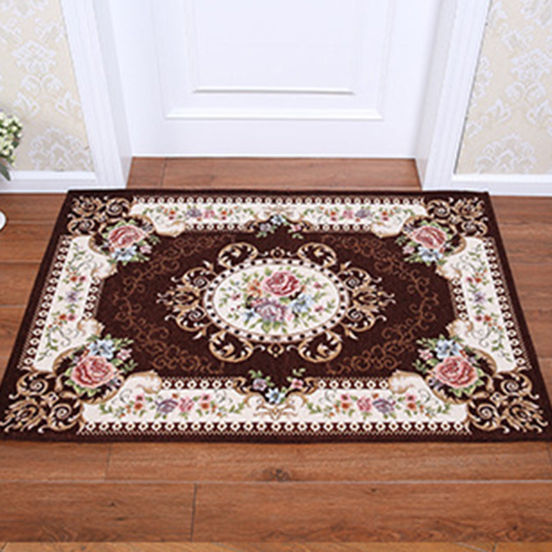 Brown Vintage Rug Polyester Flowers Area Rug Non-Slip Backing Indoor Rug for Living Room