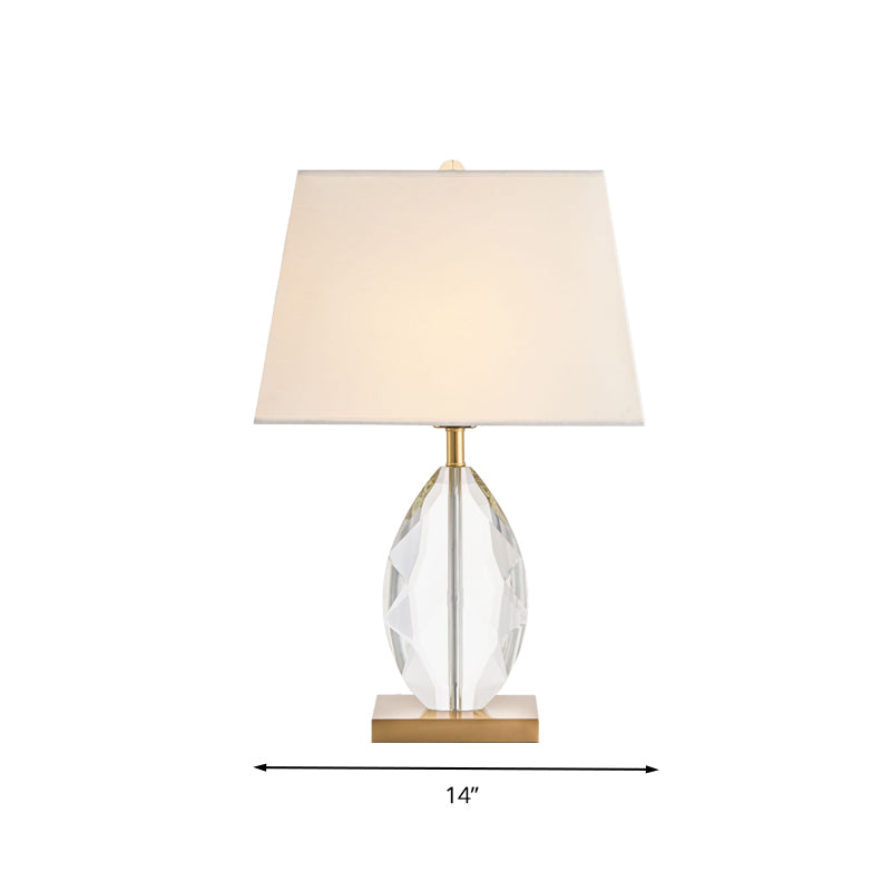 Bulbe unique table ovale lumière lampe de nuit en cristal blanc traditionnel avec de l'ombre en tissu trapézoïdal