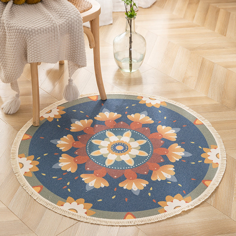 Round Floral Print Carpet Moroccan Cotton Blend Rug Fringe Indoor Carpet for Living Room