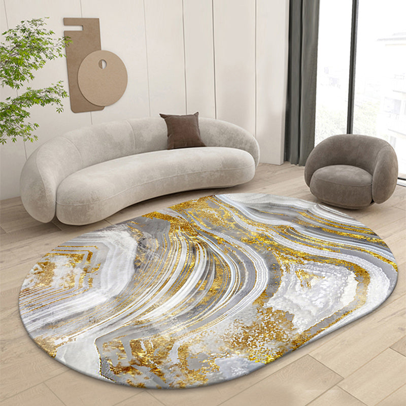 Grey Living Room Area Rug Marble Print Polyester Area Carpet Non-Slip Backing Rug