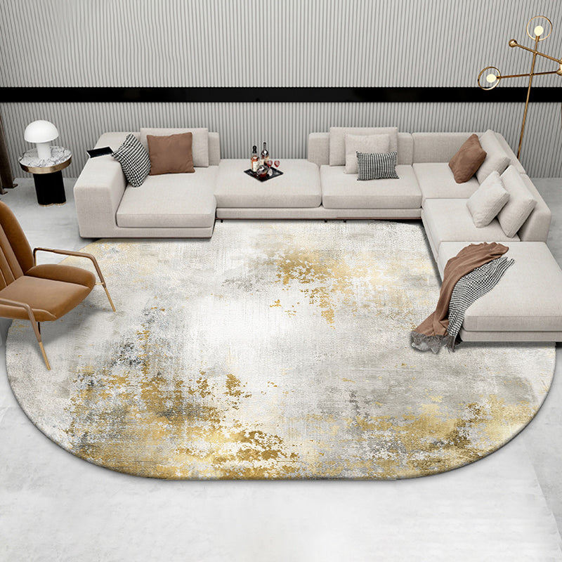 Grey Living Room Area Rug Marble Print Polyester Area Carpet Non-Slip Backing Rug