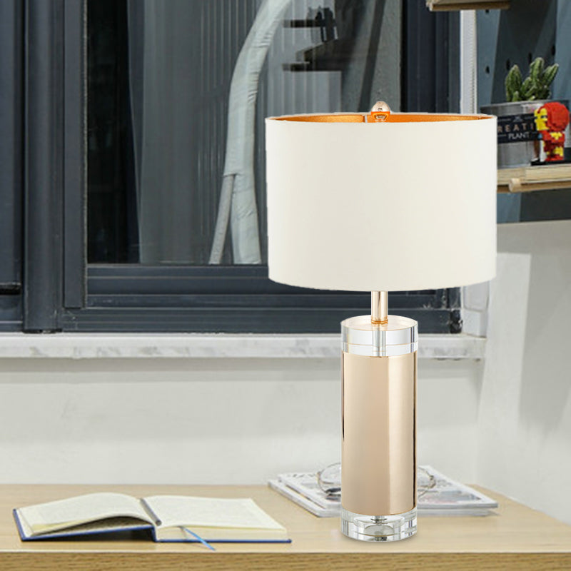 White 1 Light Nightstand Lamp Rustic Crystal Cylinder Table Light for Living Room