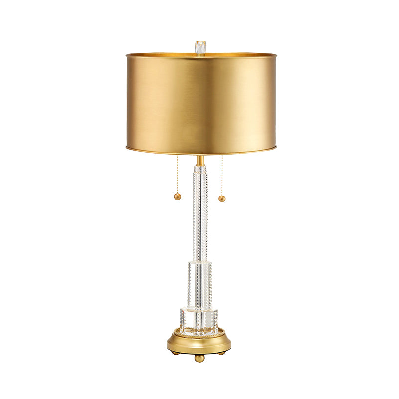 Klarer kristallgeschichtetes Tischlampe ländliche Einheit Schlafzimmer Nachtlicht in Gold mit Trommelmetallschatten