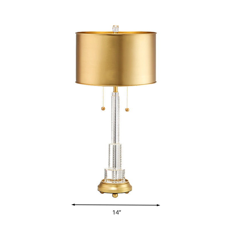Klarer kristallgeschichtetes Tischlampe ländliche Einheit Schlafzimmer Nachtlicht in Gold mit Trommelmetallschatten