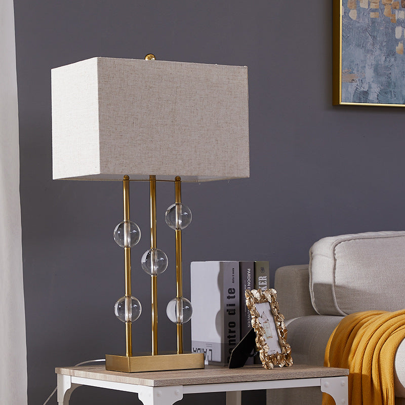 Rural Rectangle Night Light 1 Light Fabric Table Lamp in Beige for Bedroom with Crystal Deco