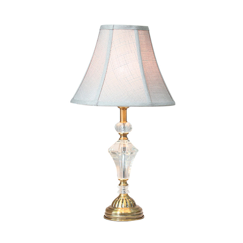 1 Light Paneled Bell Night Table Lamp White Fabric Nightstand Light with Crystal Accent