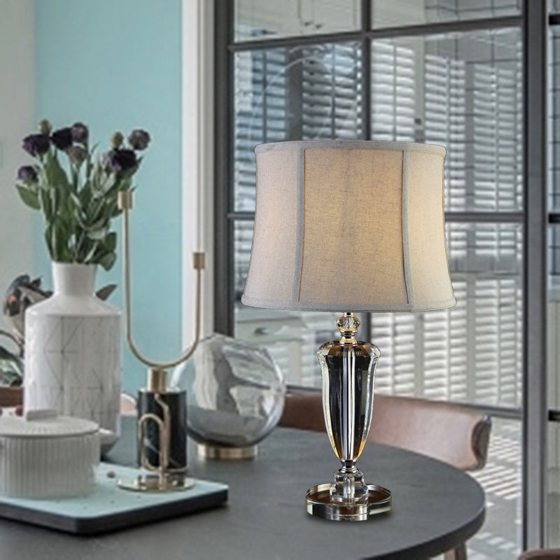 1 Light Bedroom Crystal Table Lamp Countryside Cream Gray Nightstand Light with Drum Fabric Shade