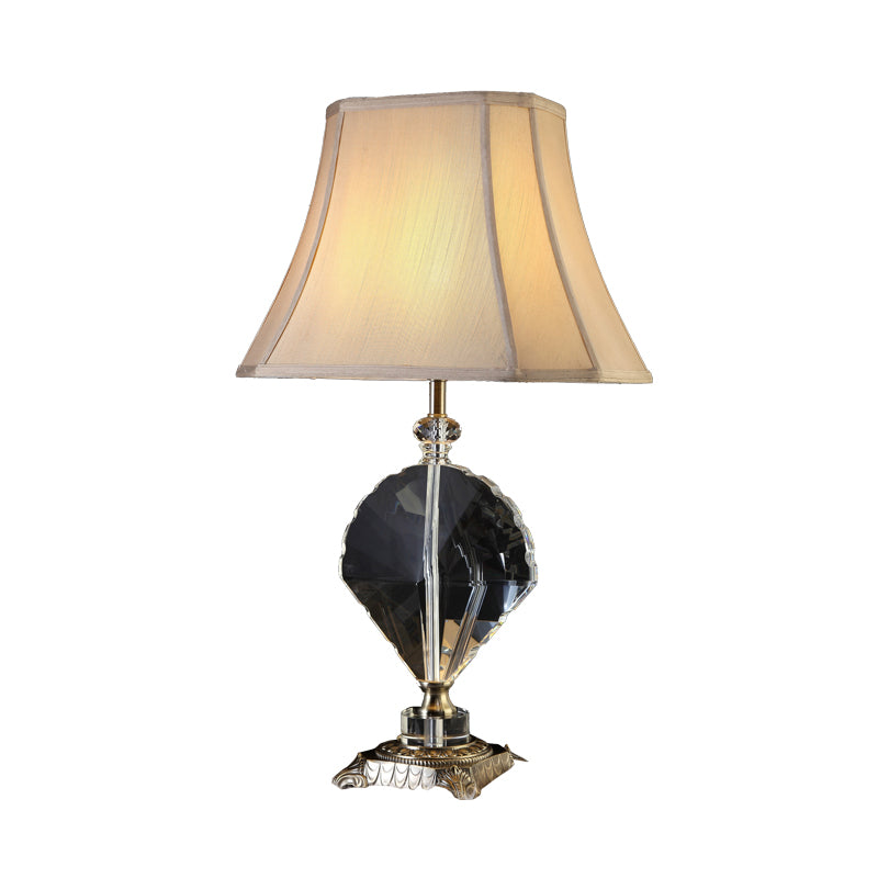1 Light Table Lamp Minimalism Bell Shaped Fabric Night Light in Beige with Leaf Crystal Accent