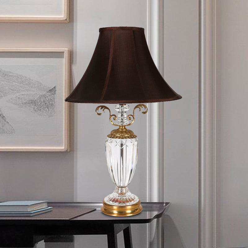 1 Light Bedroom Crystal Night Lamp Simple Black Nightstand Light with Conical Fabric Shade
