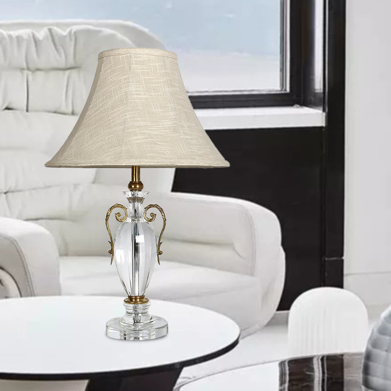 Bell Fabric Night Light Rustic Single Head Bedroom Nightstand Lamp in Beige with Crystal Base