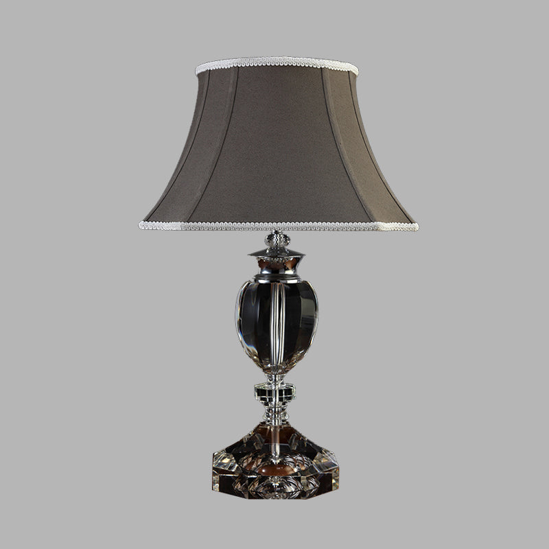 Lampada da tavolo a campana grigia in tessuto per camera da letto a testa singola luce notturna con base di cristallo