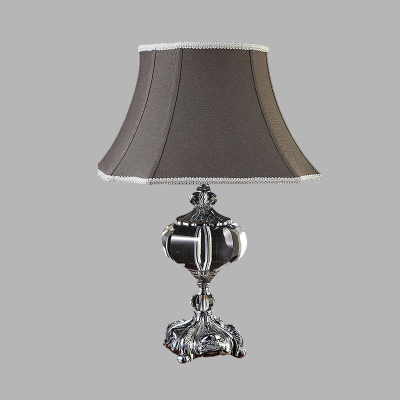 Fabric Grey Night Light Flared Single Head Traditionalism Nightstand Lamp with Crystal Base