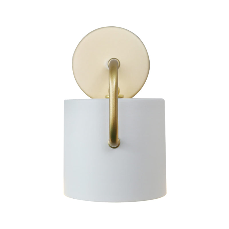 Cylinder Wall Lamp Contemporary Metal 1 Bulb White Sconce Light Fixture with Curved Arm
