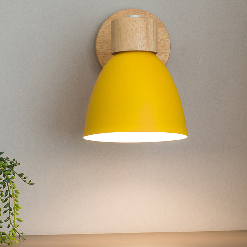 Metal Flare Wall Lighting Modern 1 Head Sconce Light Fixture in Yellow with Circle Wood Backplate