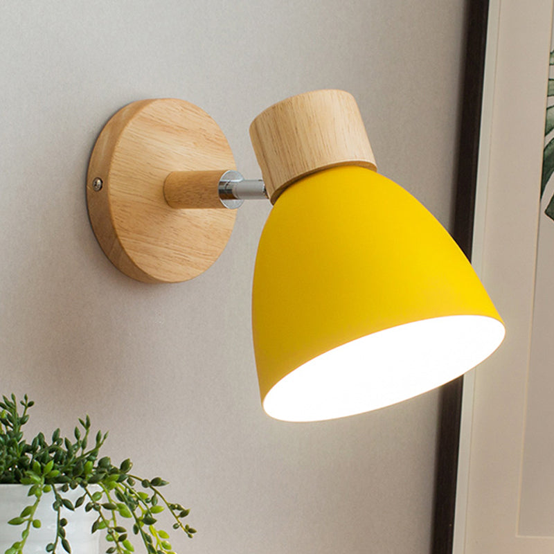 Metal Flare Wall Lighting Modern 1 Head Sconce Light Fixture in Yellow with Circle Wood Backplate