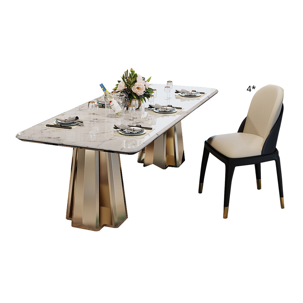 Minimalist Style Marble Dining Set with Traditional Height Table and Double Pedestal Base