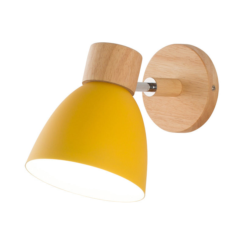 Metal Flare Wall Lighting Modern 1 Head Sconce Light Fixture in Yellow with Circle Wood Backplate