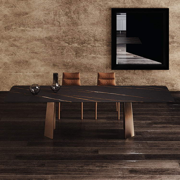 Minimalist Sintered Stone Dining Room Set with Rectangle Top and Metal Base Formal Table Set