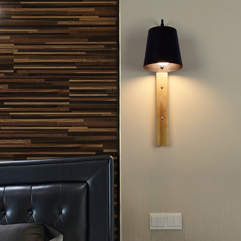 Metal Bell Wall Lamp Modern 1 Head Black/White Sconce Light Fixture with Rectangle Wood Backplate