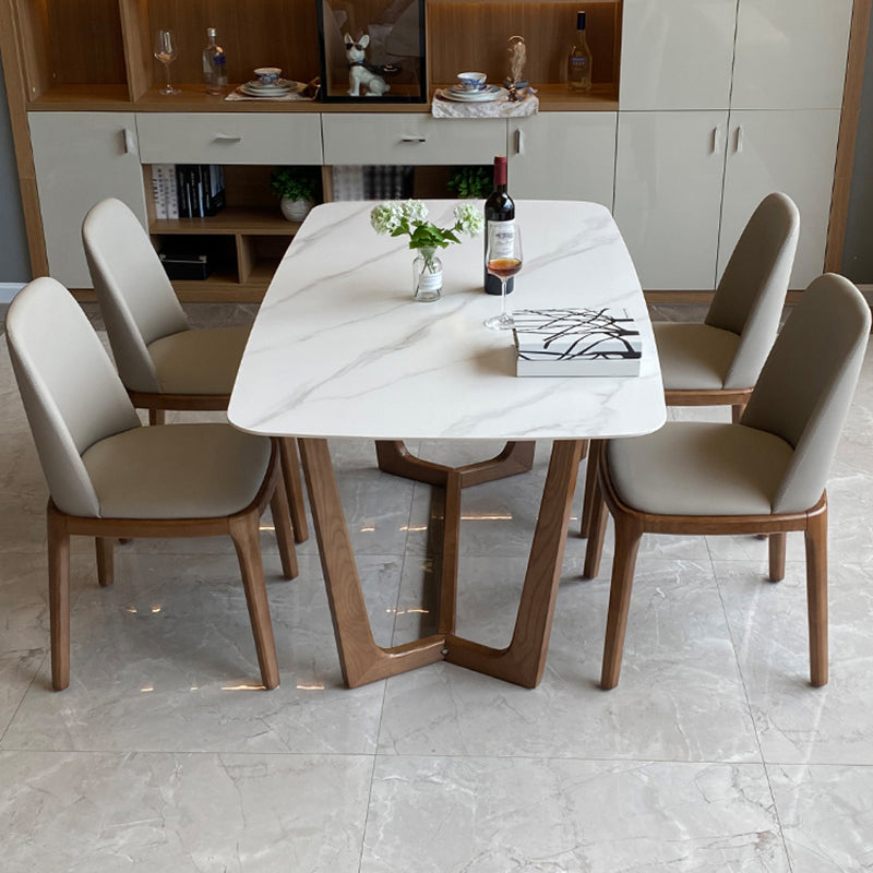 Contemporary Style White Slate Dining Table Rectangular Formal Dinette Set with Wood Base