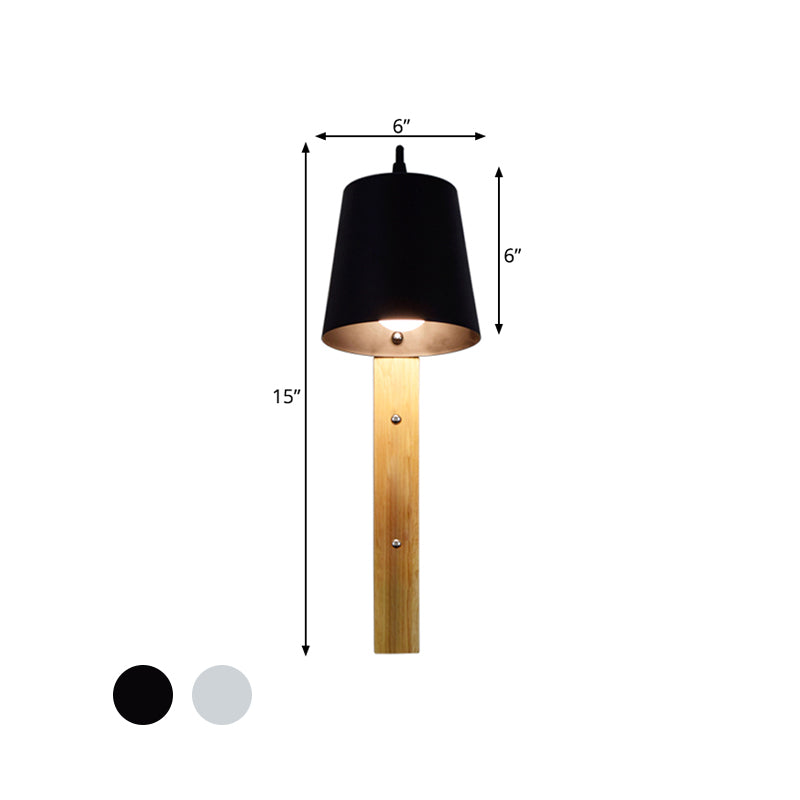 Lámpara de pared de campana de metal moderna 1 cabeza de luz negra/blanca luminosa con placa posterior de madera rectangular