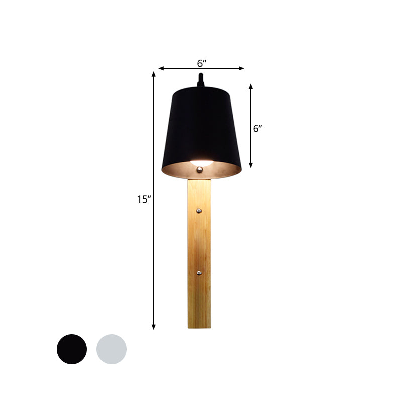 Metal Bell Wall Lamp Modern 1 Head Black/White Sconce Light Fixture with Rectangle Wood Backplate