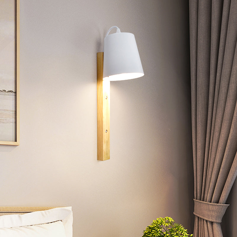 Metal Bell Wall Lamp Modern 1 Head Black/White Sconce Light Fixture with Rectangle Wood Backplate