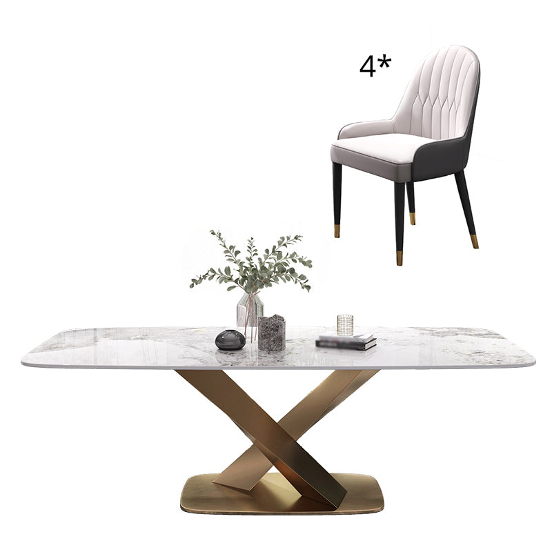 Modern Sintered Stone White Dining Set with Rectangle Table and Gold Legs Dining Set