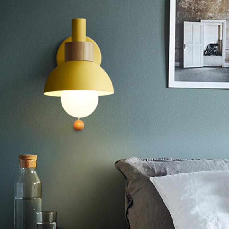 1 Head Bedside Wall Lamp Macaron White/Pink/Yellow Sconce Light Fixture with Domed Metal Shade
