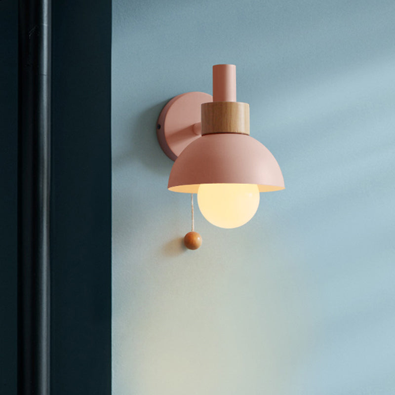 1 Head Bedside Wall Lamp Macaron White/Pink/Yellow Sconce Light Fixture with Domed Metal Shade