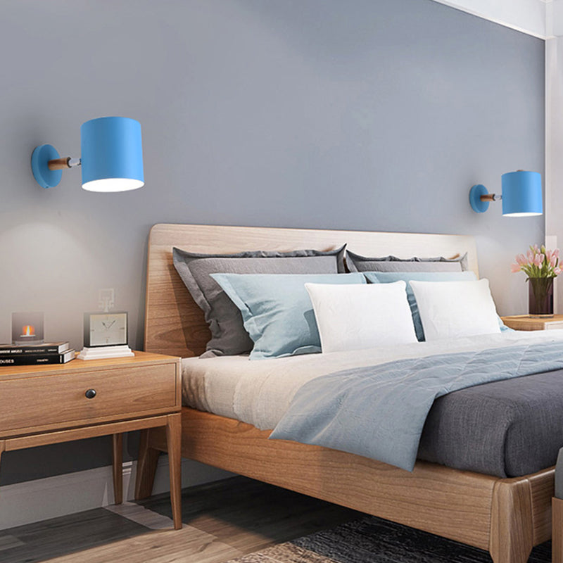 Blue Tubular Wall Lamp Macaron 1 Head Metal Sconce Light Fixture with Rotating Node